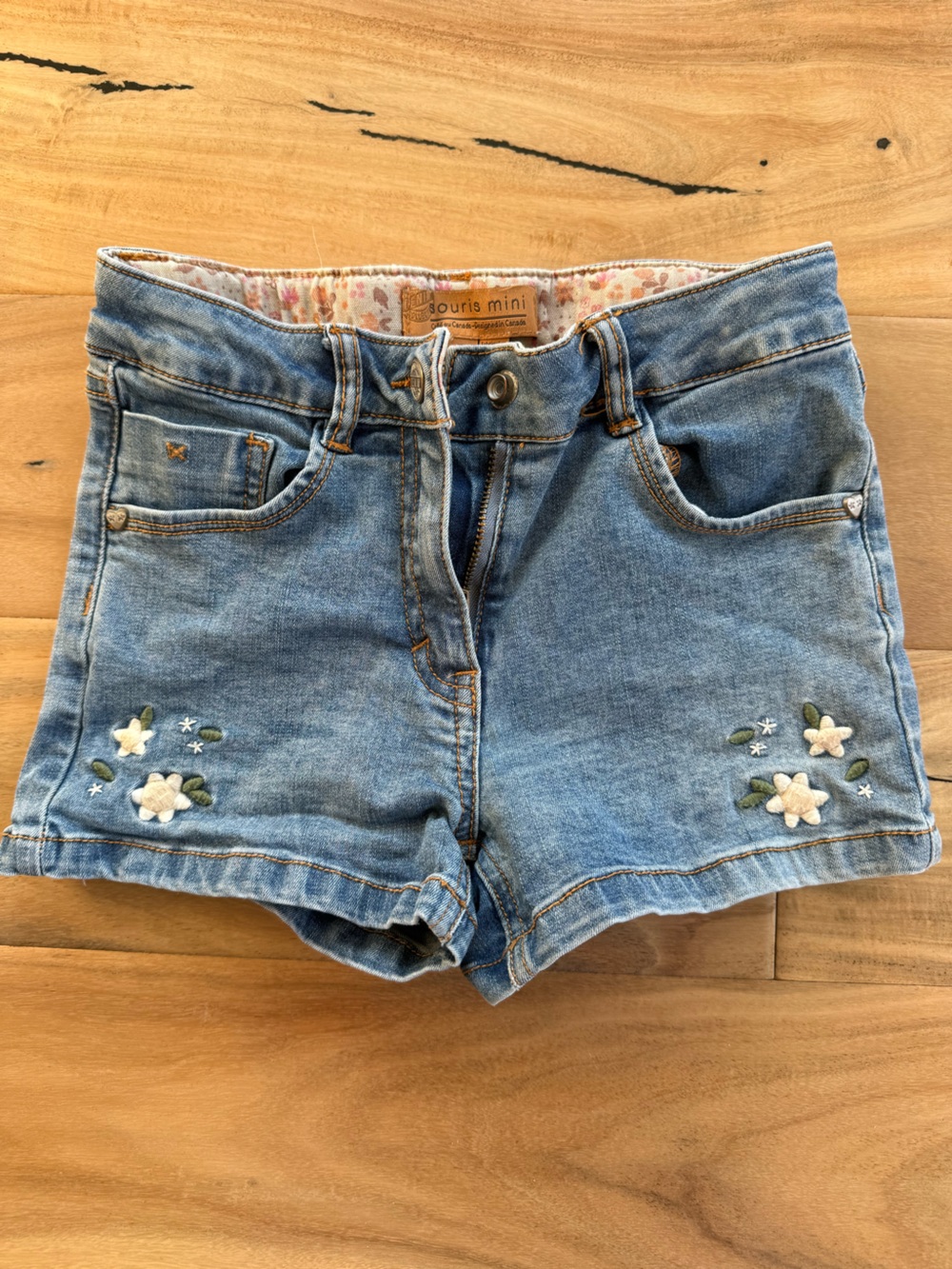 Souris Mini Girls' Light Blue Denim Shorts with Floral Embroidery